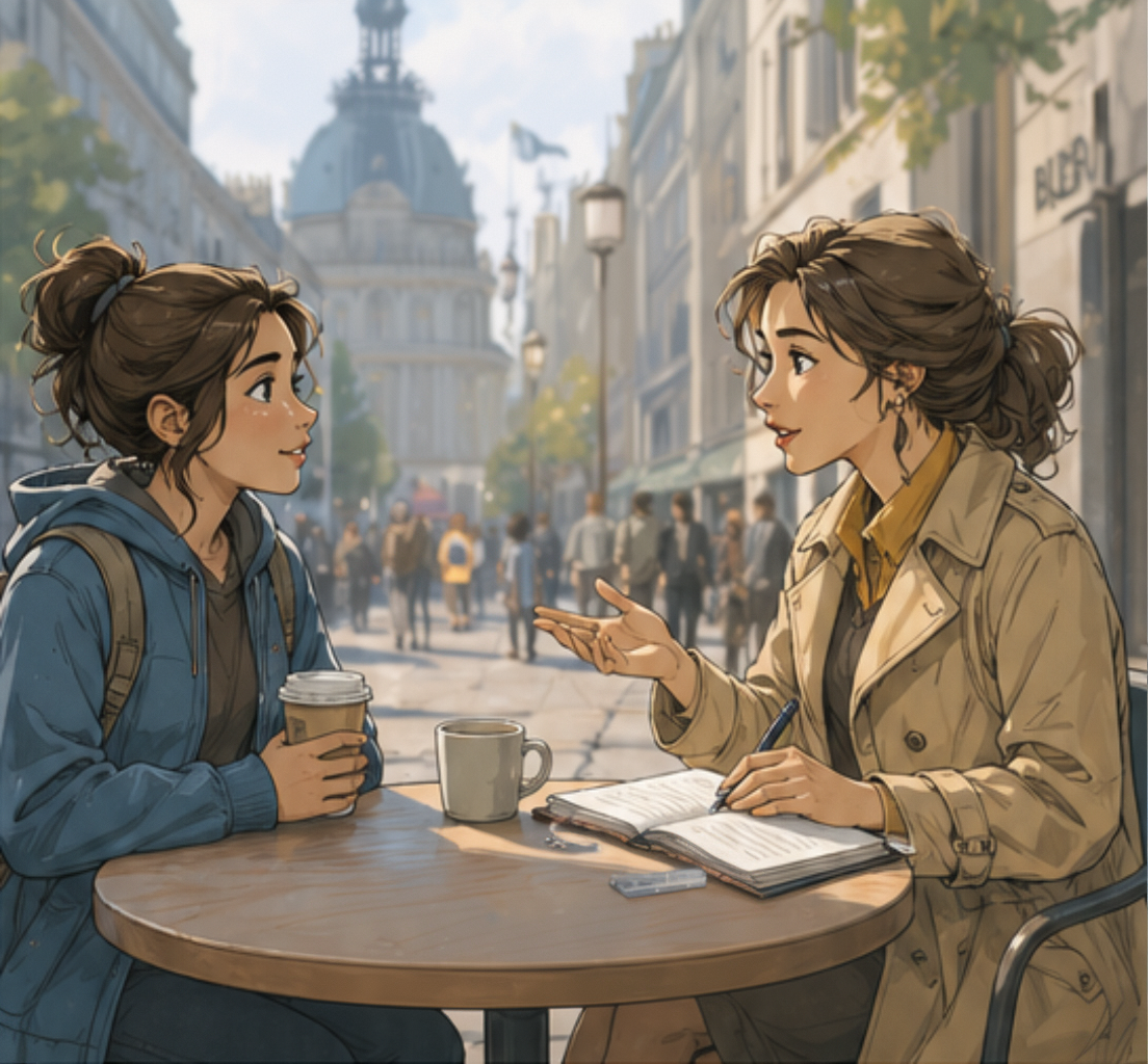 Two women speaking French over coffee on a city street